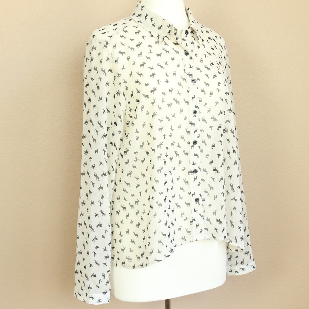 Sheer Forest Animals Print Button Front Blouse Top